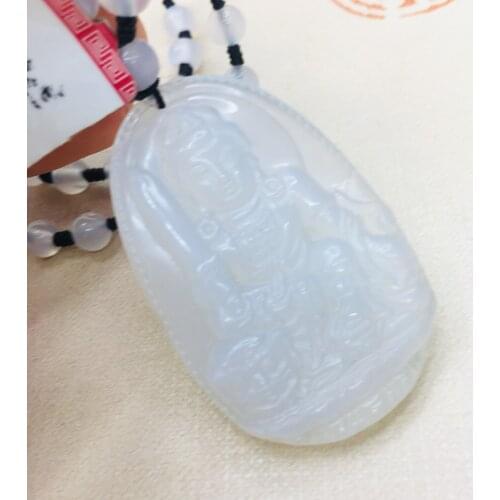 Natural Brazilian Ice Chalcedony Jade Carved White Guanyin Patron Pendant with Chalcedony Bead Necklace Sweater Chain