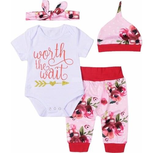 Baby Clothes Girls Clothing Sets summer baby short sleeve romper+pants+hats+headwear 4 pcs Sets Cotton Infant Clothes