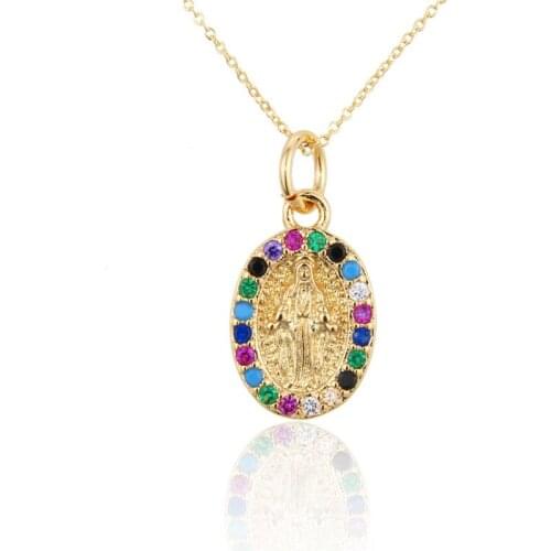 Oval Virgin Mary Portrait Pendant Necklace Zircon Stone Copper Chain Necklace for Women Religious Catholic Neck Jewelry Gift