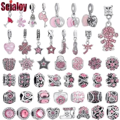 Seialoy High Heels Beaded Crystal Flower Pendant Pink Glass Rhinestone Heart Charm Fit Brand Charms Bracelets DIY Jewelry Making