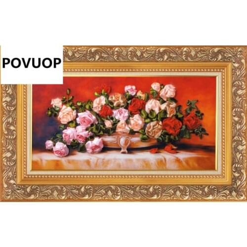 POVUOP Ribbon embroidery paintings 40X75cm intergards fashion flower large print three-dimensional cross-stitch