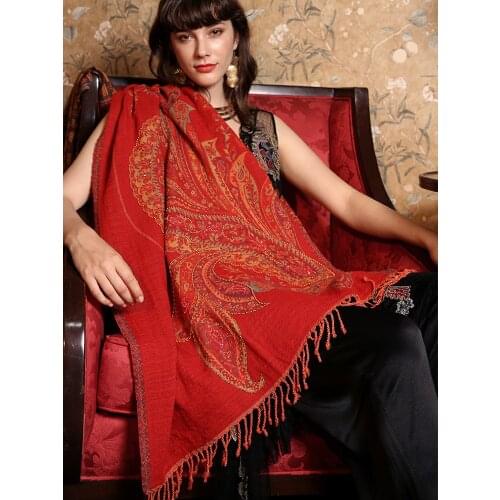 Luxury Soft Autumn Nepal 100% Merino Wool Scarf Women Handmade Thickened Warm Winter Red Pashmina Shawl Long Embroidery