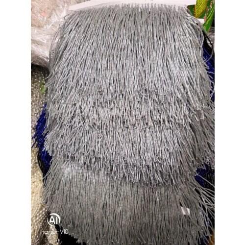Grey ribbon long tube beads tassel fringe 15 cm width for sawing/wedding/fashion designer/bridal gown YG-836