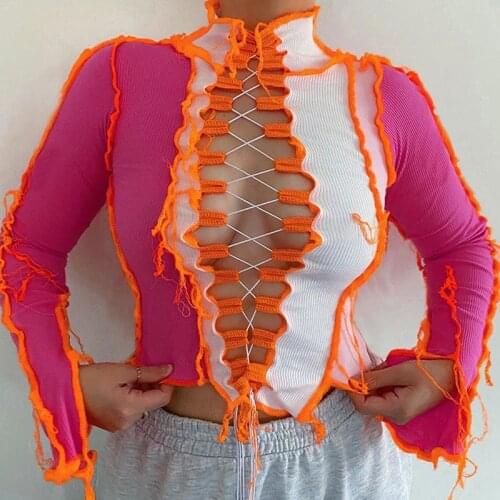 Knitting Ribbed Contrast Strappy T-shirt Long Sleeve Drawstring Bandage Streetwear Fashion Female Party Clubwear Crop Tops