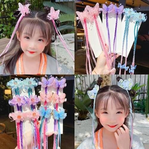 WYYNIY Retro super fairy childrens color embroidery butterfly pair clip Hanfu headdress antique streamer hairpin side clip prin