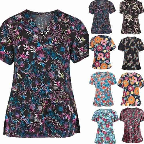 Fashion Women Nursing Scrubs Short Sleeve V-Neck Flowers Printed Tops Ladies Working Uniform Blouse Tshirt медицинская одежда q5