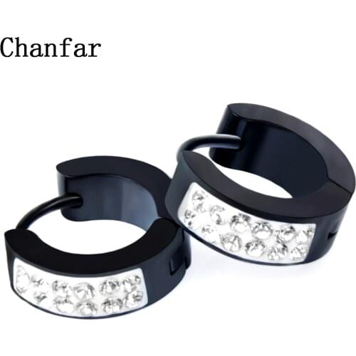 Chanfar 4MM Width Punk Rock Stainless Steel Black Earrings Men Clear Crystal Paved Metal Earrings For Women Jewelry