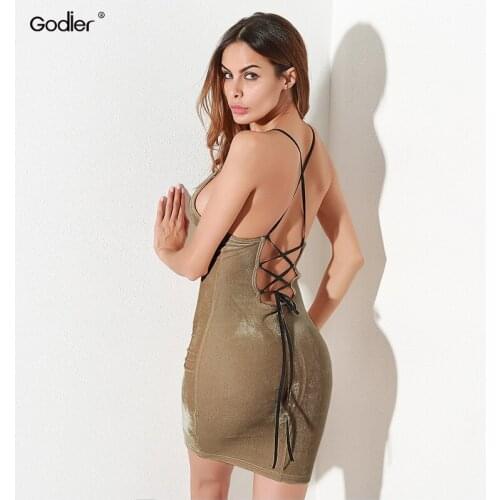 Godier Women Sexy Bow Lacing up Tie Bandage Backless Velvet Nightclub Party Dress Spaghetti Strap Sleeveless Hip Dress Ic0038