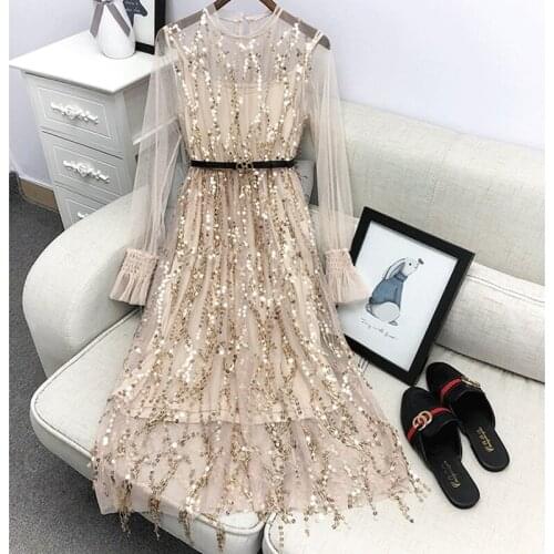 2019 Women Dress New Summer Autumn Sequins Tassel Mesh Dress High Waist Pleated Voile Lace Dresses Female Flare Sleeve Vestidos