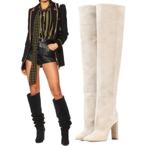 Winter Black Beige Brown Genuine Leather Elastic Suede Pointed Toe Fold Tube Slip On Thick Heels Over The Knee Loose Long Boots