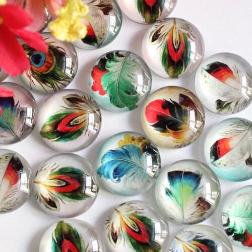 20mm Mixed Colorful Feather Round Glass Cabochon Flatback Photo Dome Cameo in pairs 20pcs/lot K05432