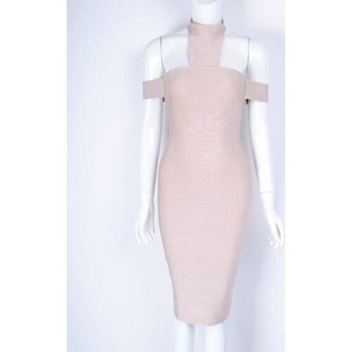 2017 Hot Sale New Color Khaki Nude Elegant Choker Off Shoulder Design Celebrity Party Style HL Bandage Dress