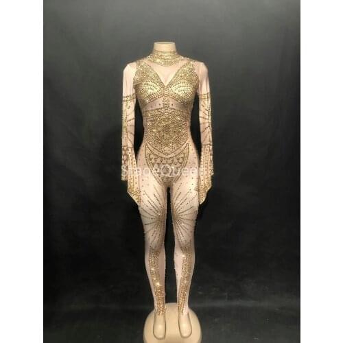 2019 Stage Bling Gold Rhinestones Jumpsuit Women Birthday Celebrate Stretch Costume Bodysuit Performance Evening Dance Show Wear
