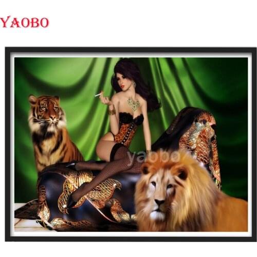 5D Diamond Painting Sexy beauty Diamond Mosaic Full Square Round Rhinestone Embroidery Sale Tiger and lion Cross Stitch Wall Art