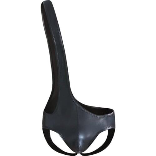 Sexy Fitness Men Shapers Faux Leather Gay Male Wetlook Splice Open Butt Boxer Shorts Leotard Jumpsuit Club Bodysuit Overalls