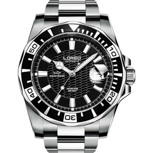 LOREO Mens Sport 20ATM Water Resistant Luminous Rotatable Bezel Stainless Steel Strap Single Calendar Automatic Mechanical Watch