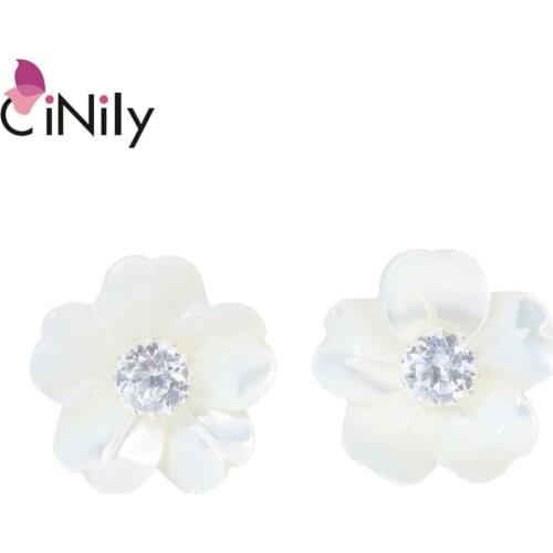 CiNily 100% Soild 925 Sterling Silver Natural White Shell Cubic Zirconia Wholesale for Women Jewelry Stud Earrings 10mm SE023