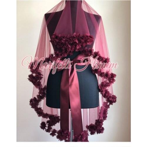 Floral Bride Red Veil and Satin Belt Wedding Marriage Henna Accesorries Luxury Lace Guipure Burgundy Bride 2021