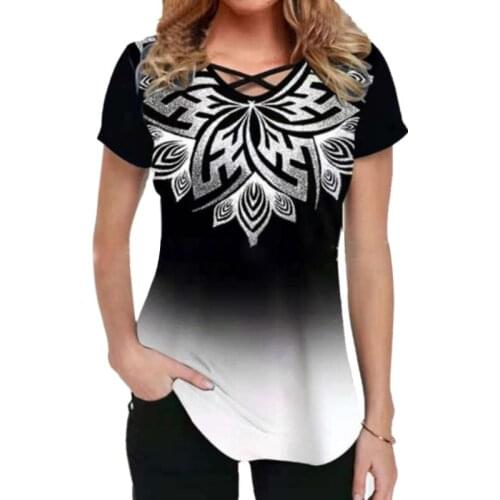 Kili Ladies' Printed Tie V-Neck Casual Short Sleeve T-Shirt