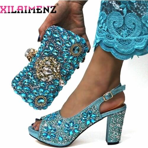 Elegant African Matching Shoes and Bag Set Sky Blue Color New Arrivals Slingbacks Sandals For Wedding Ladies Shoes with HangBag