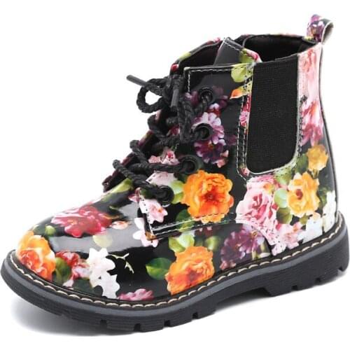 Little Baby Girls Children Leather Boots Kids Boots Flower Print Baby Girls Martin Shoes Girls Boots 3 4 5 6 7Years Old Kids