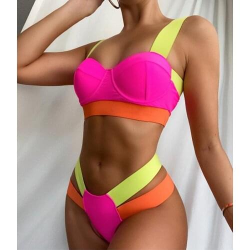 Yiiciovy Sexy Bikini Set Push Up Padded Swimsuit Women Swimwear Splicing Bathing Suit Beach Hollow Out Swimming Bathing Suits