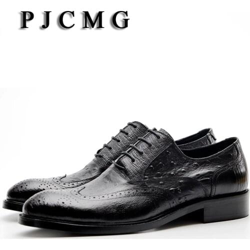 PJCMG New Breathable Men Classic Business Lace-Up Black/Red Pointed Toe Dress Carved Genuine Leather Wedding Oxfords Shoes