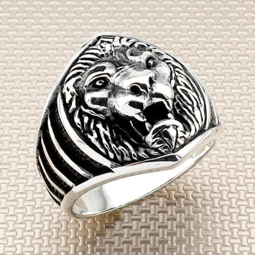 Men Silver Ring With Animal Lion Motif Made In Turkey Solid 925 Sterling Silver