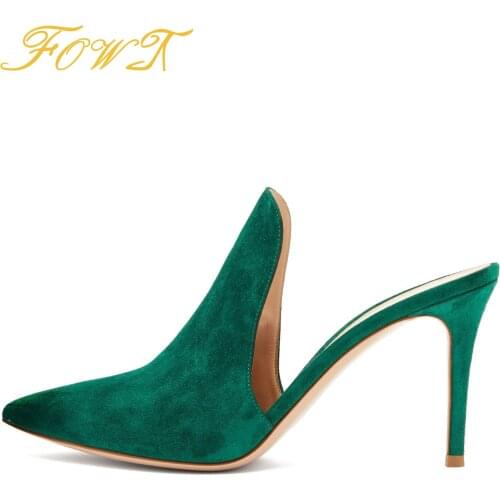 Pointed Toe Women Mules High Thin Heels Pumps Spring Summer Casual Dress Office Shallow Suede Lady Shoes Large Size 41 42 FOWT