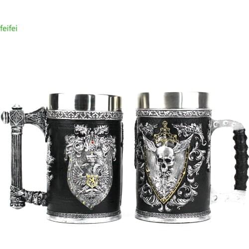 Beer Mugs Stein Tankard Double Headed Eagle Winged Sword And Shield Skull Crest 304 Stainless Steel Tumbler Coffee Cup Mug 600ml