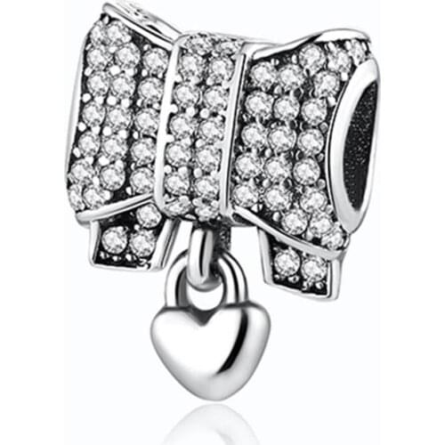 Authentic S925 Bead Love Heart & Bow With Crystal Pendant Charms fit Pandora Bracelet DIY Jewelry