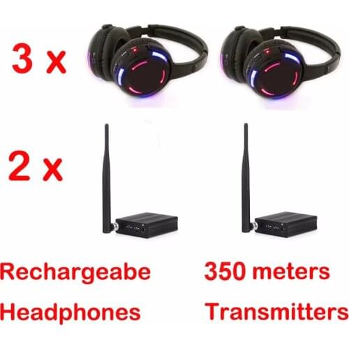 Professional 500m distance Silent Disco 3 LED Headphones with 2 transmitters- RF Wireless For iPod MP3 DJ music pary club meet