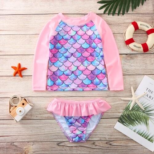 Mermaids Fish Scales Printed Girls Swimsuit Children Kids Swimwear Summer Bathing Suit Long Sleeve Swimming Suit Girl Beachwear