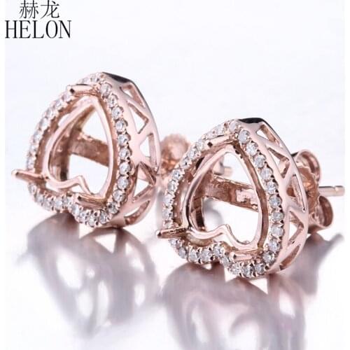 HELON Solid 10k Rose Gold Natural Diamonds Women Jewelry Engagement Wedding Semi Mount Stud Earrings Setting Fit Heart cut 7-9mm