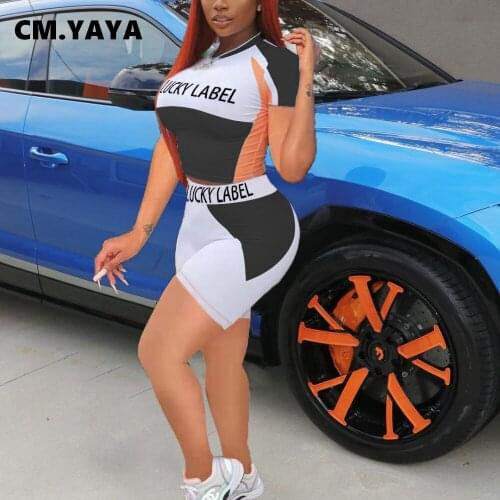 CM.YAYA Lucky Label Print Sport Womens Set Fashion T-shirt and Shorts Matching Two Piece Set Jogger Active Sweatsuit Tracksuit