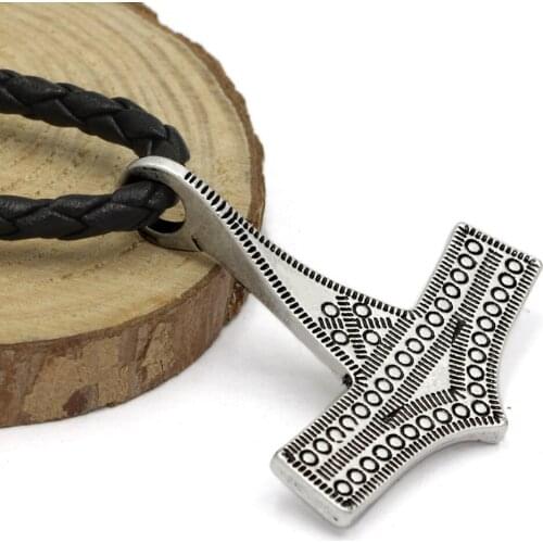 Vintage Nordic Style Hammer Pendant Necklace Scandinavian Viking Pirates Leather Rope Necklace Male Women Jewelry