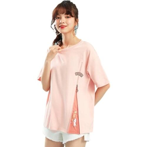 Zipper Women T-shirt Harajuku Oversize Short-Sleeve HIp Hop Women Cotton Loose Korean Ins Cartoon Print Tshirt For Dress Clothes