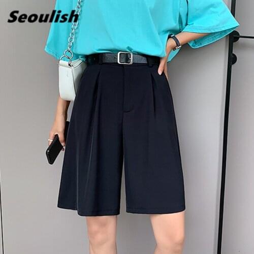 Seoulish Summer 2021 New Formal Half Pants with Belted High Waist Black Wide Leg Pants Elegant Loose Trousers Pocket