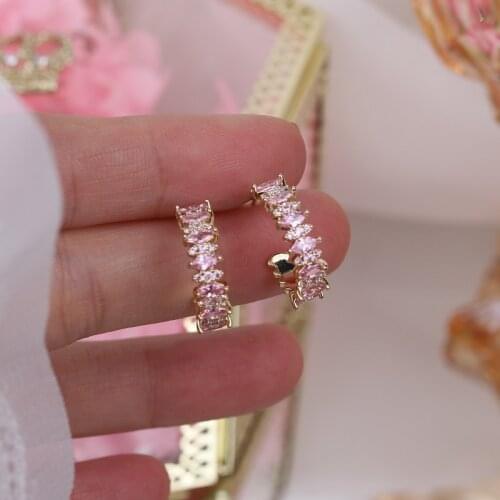 Korea Hot Fashion Jewelry 14K Real Gold Plating AAA Pink Zircon Semicircle Simple Earrings Elegant Womens Daily Accessories