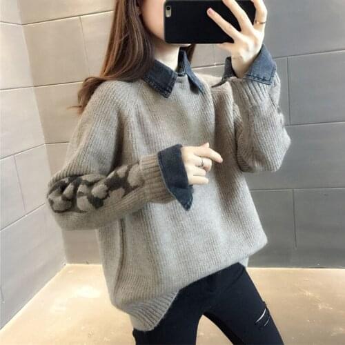 2021 Autumn Winter Korean Fashion Fake Two Sweaters External Wear Long Sleeve Womens Clothing Knitting Splicing Loose Coat Top