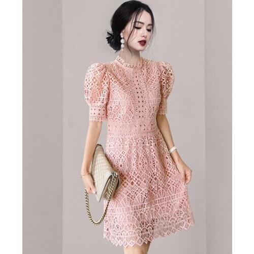 High Quality Celebrity Summer Dresses Flower Embroidery Short Sleeved Office Lace Mini Dress Women Hollowing Out Party Dresses
