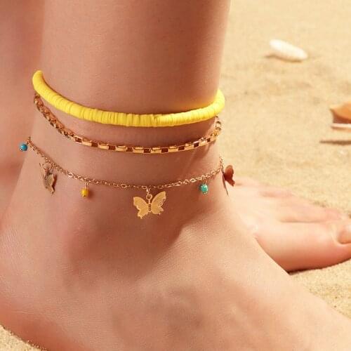 3 Pcs/set New Handmade Polymer Clay Anklet For Women Boho Colorful Bead Butterfly Ankle Chain Bracelet Femme Halhal Jewelry Gift