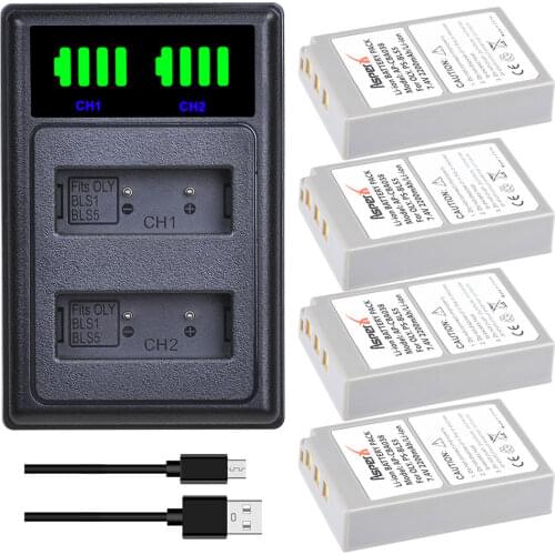 4Pcs PS-BLS5 BLS-5 BLS5 BLS 5 Batteries + LED USB Dual Charger for Olympus OM-D E-M10 PEN E-PL2 E-PL5 E-PL6 E-PM2 Stylus 1