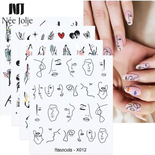 Harunouta Abstract Lady Face Nail Decals Water Black Leaf Sliders Paper Nail Art Decor Sticker Manicures Foils Decoration