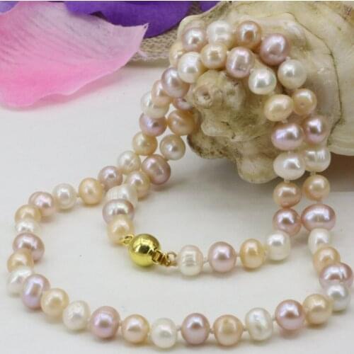 Natural pearl beads necklace 7-8mm freshwater multicolor nearround chain strand jewelry women statement choker gift 18inch B3227