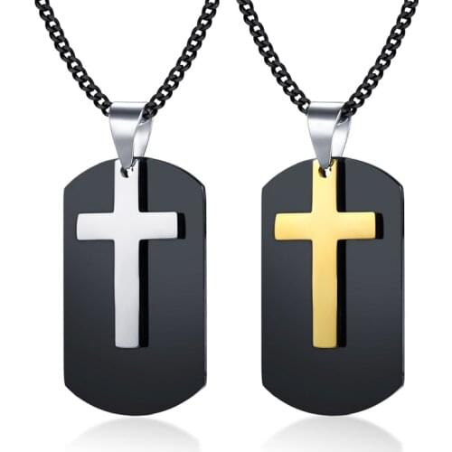 Black Dog Tag for Men Cross Necklace Stainless Steel Double Pendant Punk Male Jewelry