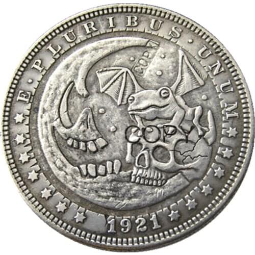 HB(72)US Hobo 1921 Morgan Dollar Skull Zombie Skeleton Hand Carved Creative Silver Plated Copy Coins
