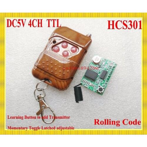 HCS301 Rolling Code Receiver Module DC5V 4CH TTL Decoding Receiver + Transmitter Wireless Remote Control 315/433 Learning M T L