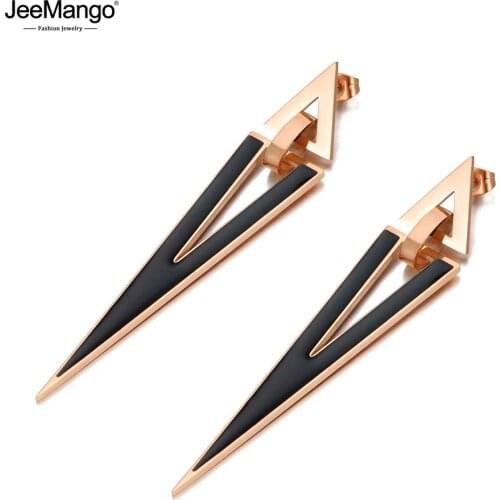 JeeMango Hiphop/Rock Stainless Steel Geometric Double Triangle Earrings Bohemia Black Glaze Earrings Jewelry For Women JE20076