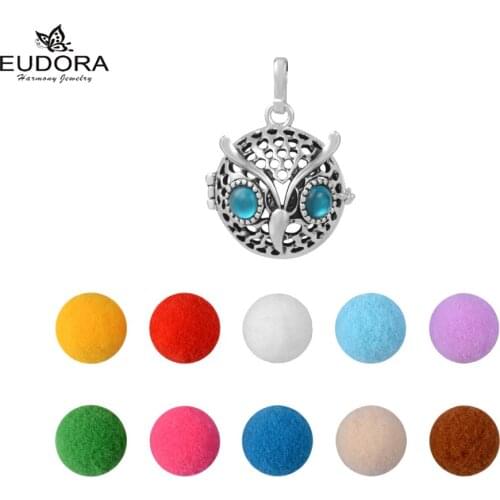 Owl Aromatherapy Harmony Locket Cage Macth With 10 Pieces Pompon Pendant & Necklace Christmas Gift For Women Girl Jewelry